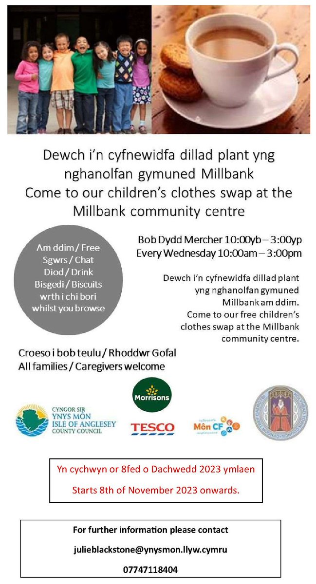 Children's clothes swap launches in Holyhead on November 8th. See poster for more information. @MonFMRadio @MedrwnMon @Ynysmoncab @Mon_Actif @CyngTreforLloyd @GlynHaynes @PiONeill @dafyddrhys_d @AdfywioCaergybi @Y_U_Caergybi @llinos_medi @MonCFAnglesey