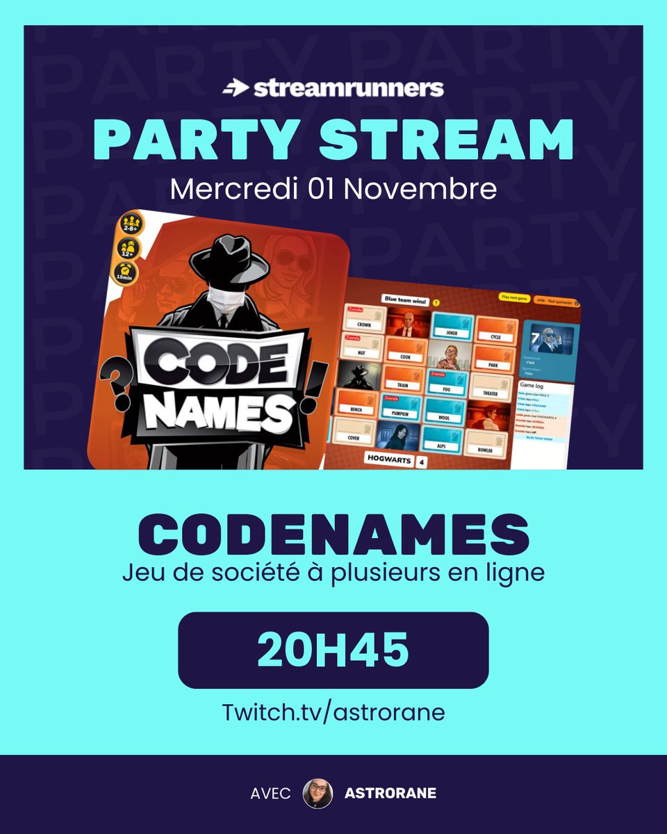 Tu aimes les jeux de société à rôle caché, rejoins-nous demain soir à 20h45 pour du “Code Names” Jeu gratuit sur Navigateur. 🪐Twitch : AstrOrane Évent StreamRunners : discord.gg/streamrunners 🎁 Récompense pour les participants 🎁#Codenames #streamrunners #codegift #Twitch