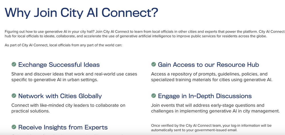 Hundreds of city officials are signing up for City #AI Connect, a platform for #cities to share #generativeAI experiments, prompts, policies, and lessons learned. 

Don't miss out. If you have a local gov email address, you can sign up now ➡️ cityaiconnect.jhu.edu/#welcome