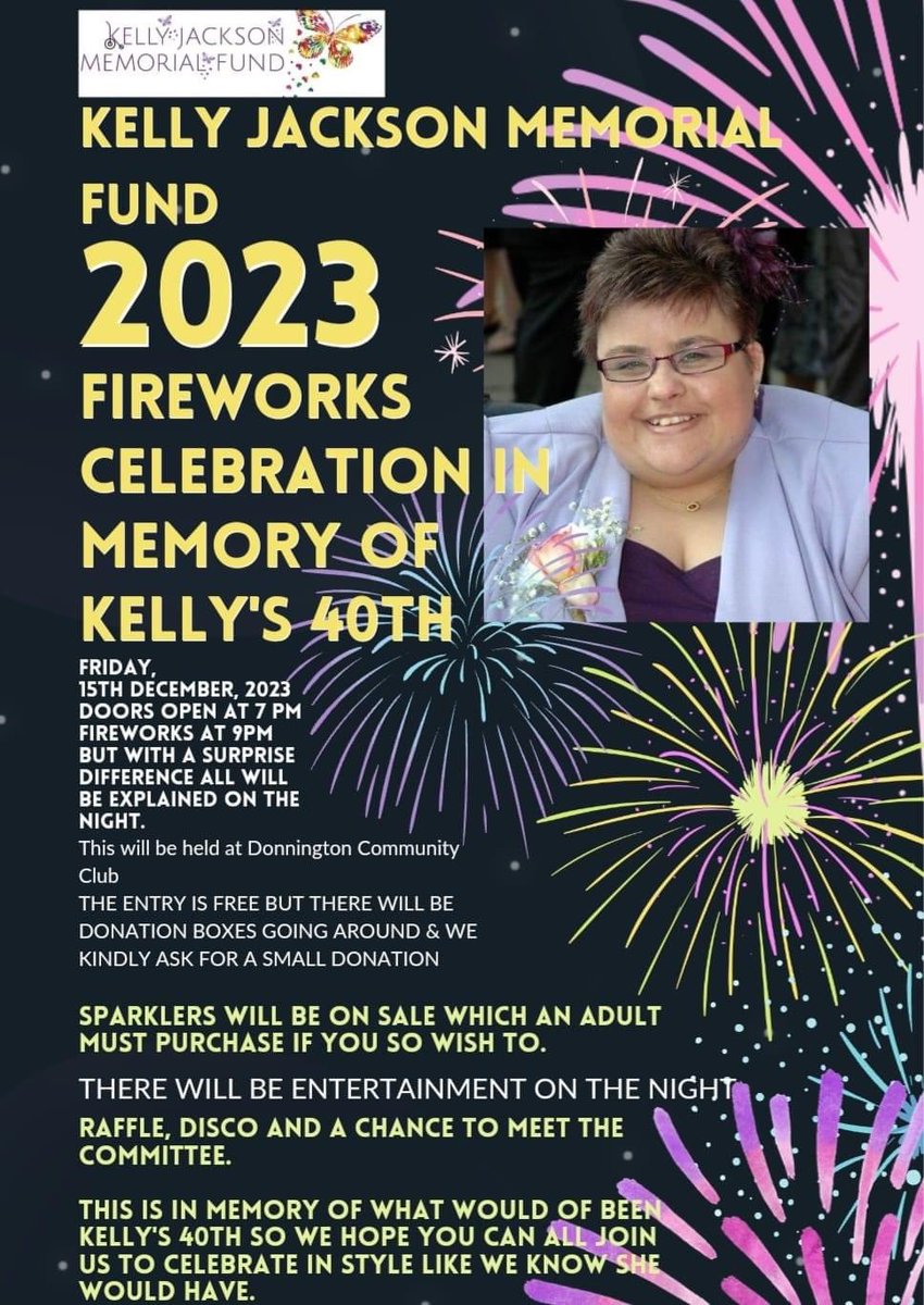 kellyjacksonmf's tweet photo. 🦋💜🎆🎇Come join us to celebrate Kelly's 40th Birthday, Kelly would have loved to see and celebrate with everyone and have a WKD or 2, with A Special Firework display with a difference which will be explained on the night. 
Be prepared to be blown away 🎇🎆💜🦋
#fireworks https://t.co/l4gtuRL3MG
