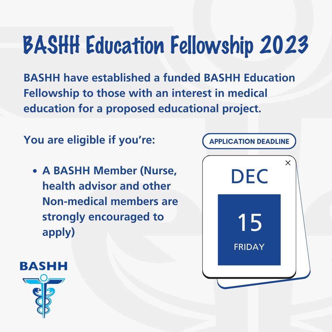 The BASHH Education Fellowship is open for applications.

If successful, you will have the chance to work on a proposed project reviewing the non-medical workforce in GUM/sexual health clinics in the UK.

Submit you application by 15th December ➡️ bit.ly/3QDrBHI
