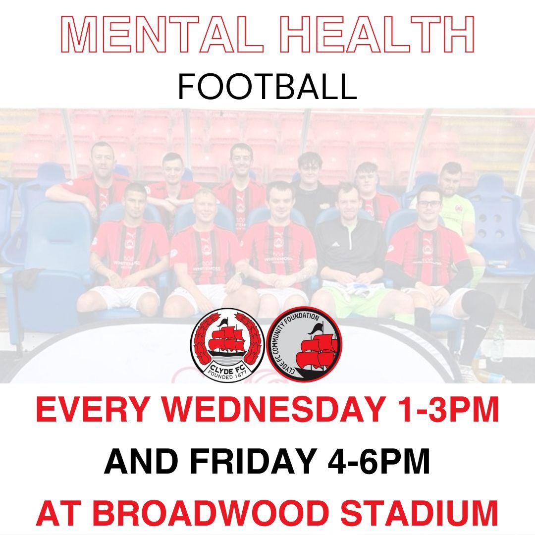 ClydeFoundation's tweet photo. MENTAL HEALTH FOOTBALL ⚽️

Our session is on every Wednesday and Friday at Broadwood with NLC.

Sessions are open to anyone aged 16+ with the opportunity to represent Clyde United in the Mental Health &amp; Wellbeing League days ⚽️👏🏻 https://t.co/cBPy8KhdAs