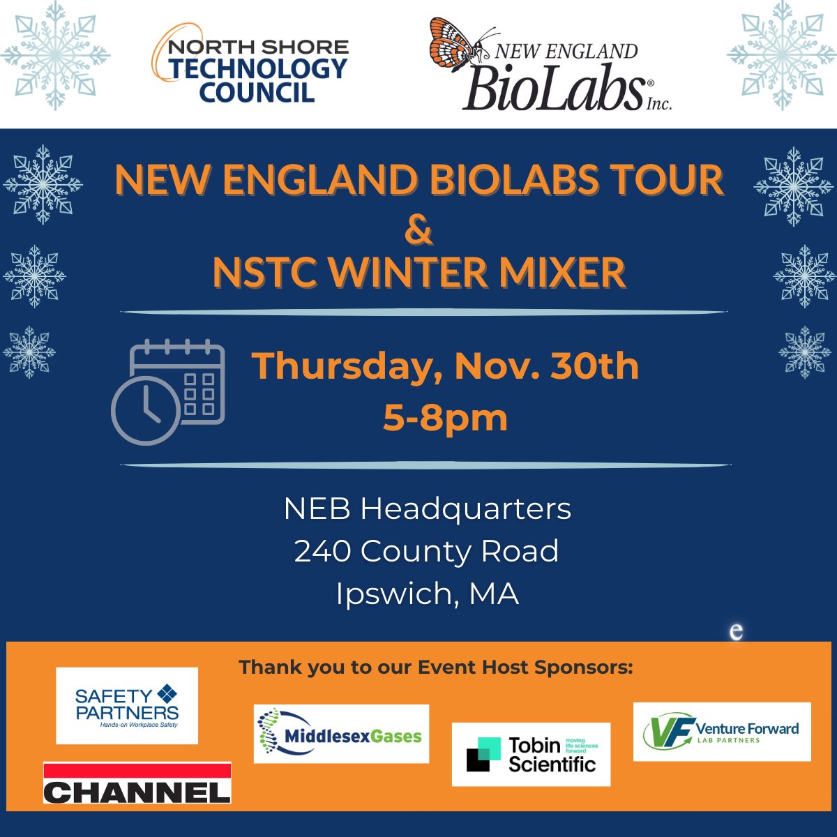 Just announced! NSTC Gold Sponsor New England Biolabs will host a tour of their newest building &amp; a winter mixer at their main campus in Ipswich. Please visit our event page to register and learn more about NEB: nstc.org/event-5467525