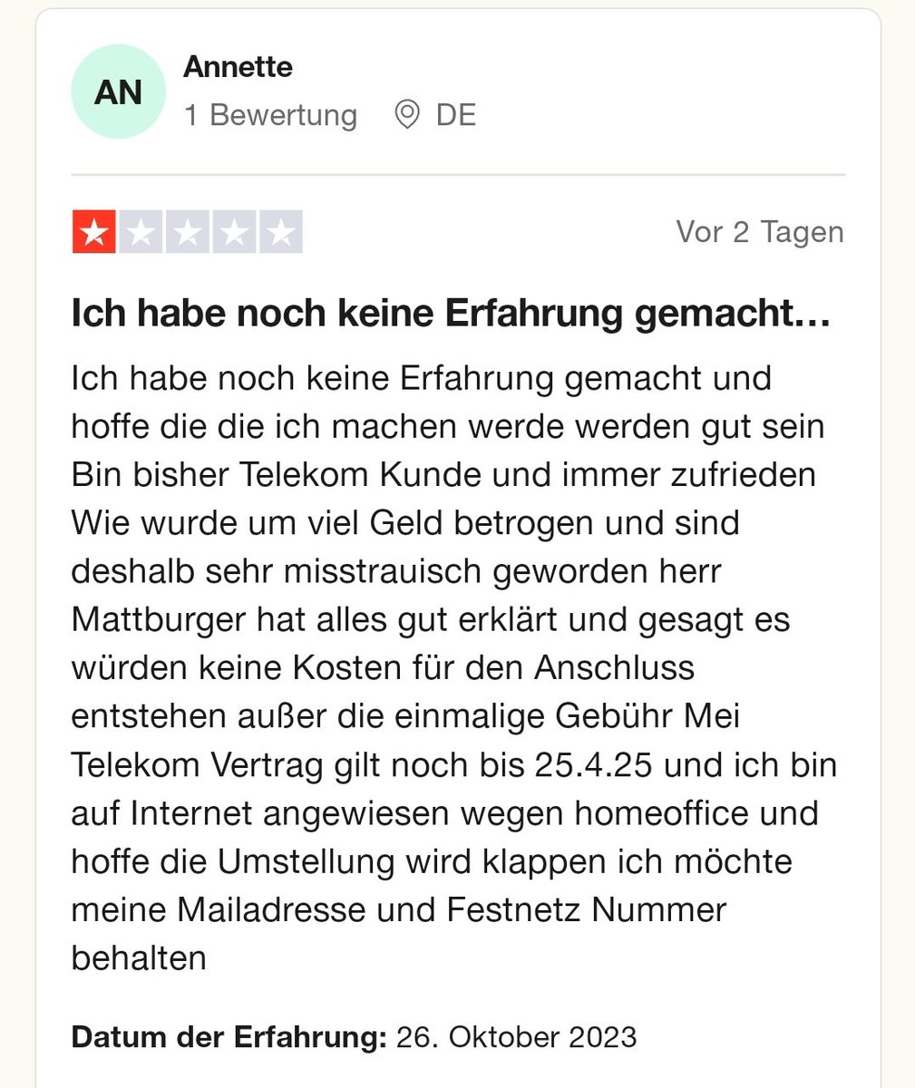 ImYourJustice's tweet photo. "Warum hat der potentielle Anbieter für die Glasfaser im Ort nur 3 von 5 Sternen auf XYZ:"

"Anette kann nur einen Stern geben da sie noch keine Erfahrungen mit dem Anbieter hat. Zudem hofft sie, dass sie bei der Umstellung von DSL auf GF ihre Email Adresse behalten kann.. " https://t.co/CeW3CtsG63