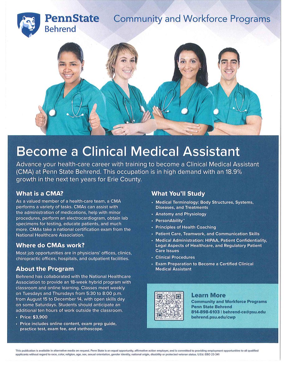 BehrendCWP's tweet photo. People always need health care, and maybe you’re ready to join this high-demand field. This might be a perfect option

An 18-week,hybrid program. Do some online learning and the classroom for practice

Phone: 814-898-6103
Email: behrend-ce@psu.edu
https://t.co/mMmb8VNssg https://t.co/ySmYJMLyYS