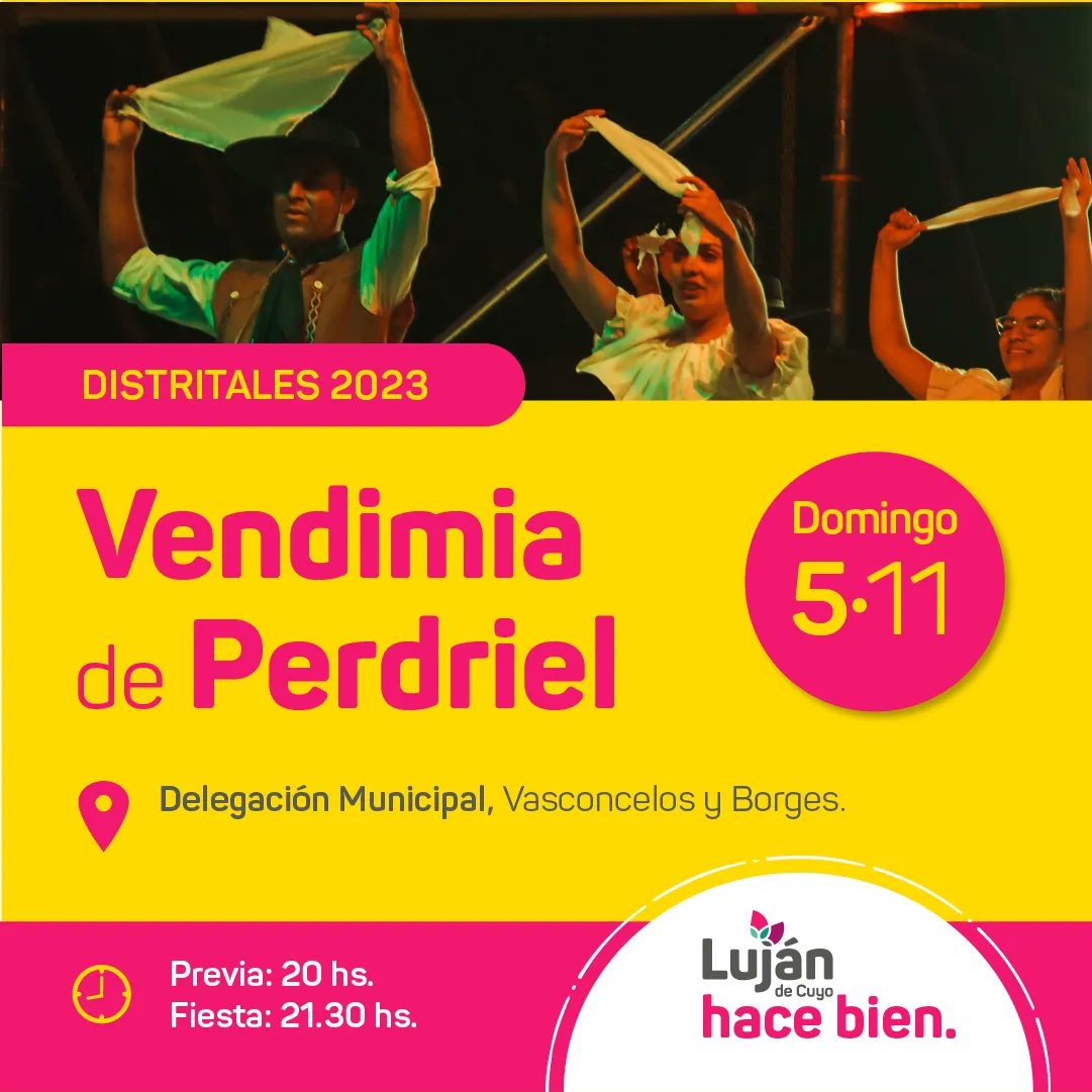 SebaBragagnolo's tweet image. Comienzan las #VendimiasDistritales 🍷👸🍇.

Este fin de semana, comienza la grilla vendimial en nuestro Departamento. 

Sumate en familia, a recorrer la magia de la Vendimia en Luján de Cuyo ✨️. 

Te esperamos 👇

🍇 03/11 Vistalba. 
🍇 04/11 Mayor Drummond.
🍇 05/11 Perdriel.