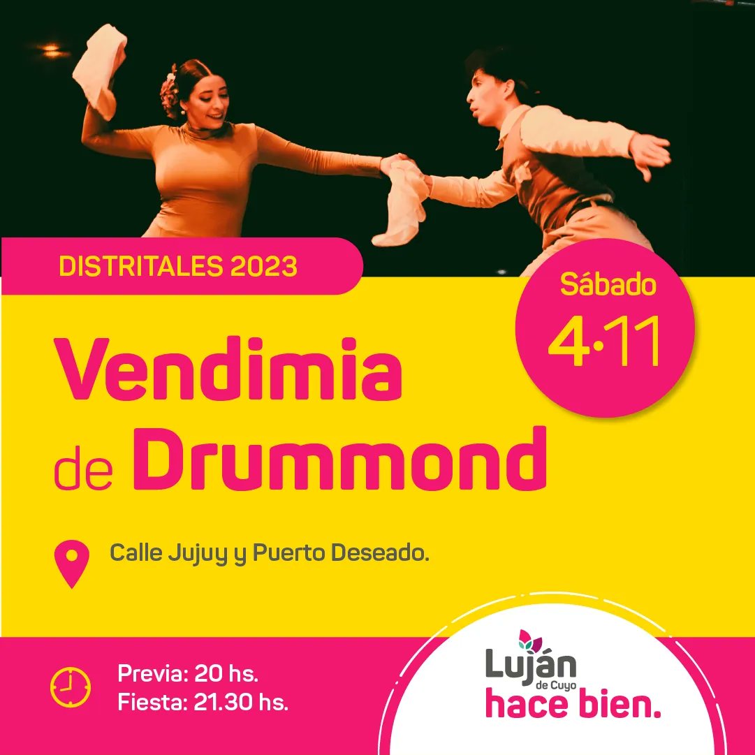 SebaBragagnolo's tweet image. Comienzan las #VendimiasDistritales 🍷👸🍇.

Este fin de semana, comienza la grilla vendimial en nuestro Departamento. 

Sumate en familia, a recorrer la magia de la Vendimia en Luján de Cuyo ✨️. 

Te esperamos 👇

🍇 03/11 Vistalba. 
🍇 04/11 Mayor Drummond.
🍇 05/11 Perdriel.