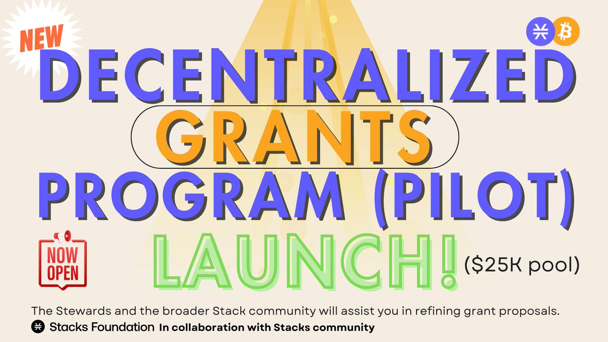 🎉We're excited to announce the launch of the @StacksOrg degrants pilot program on the 15th anniversary of the #Bitcoin White Paper! ✍️Applications are now open 🔥 📍Grant site for all information: stacks-governance-docs.gitbook.io/stacks-governa… 1/ What is the Decentralized Grants Pilot Program?…