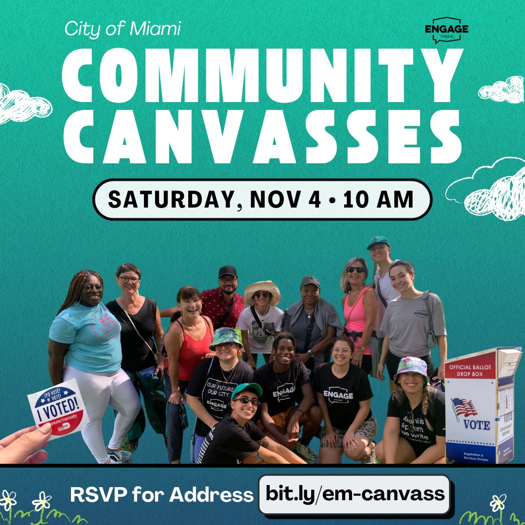 We’re going to be canvassing the City of Miami with info on where, when, & how to vote in this year’s Municipal Elections. Grab a friend and join us in helping our friends, family, and neighbors to vote! 🏡Saturday, Nov 4 @ 10 a.m. ​🚶🏽‍♂️RSVP at bit.ly/em-canvass