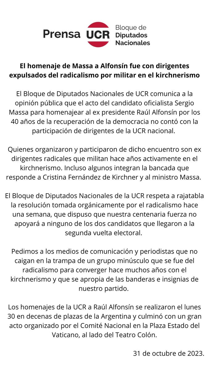 El homenaje de Massa a Alfonsín fue con dirigentes expulsados del radicalismo. 

Comunicado del Bloque de Diputados Nacionales de la UCR .