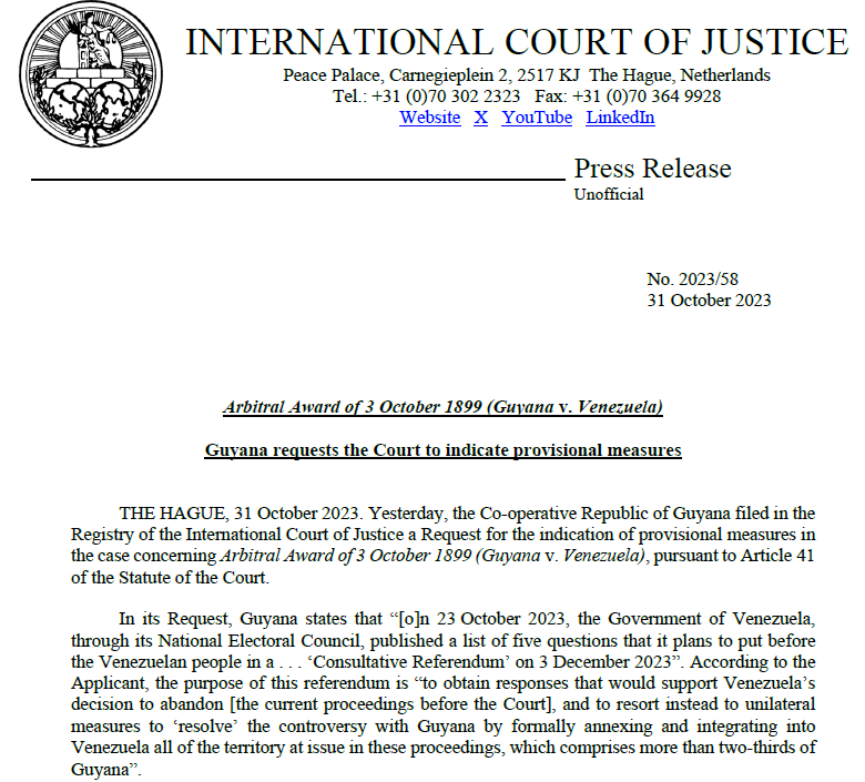 PRESS RELEASE: Yesterday, Guyana filed in the Registry of the #ICJ a Request for the indication of provisional measures in the case concerning Arbitral Award of 3 October 1899 (#Guyana v. #Venezuela) tinyurl.com/mr27tnrt