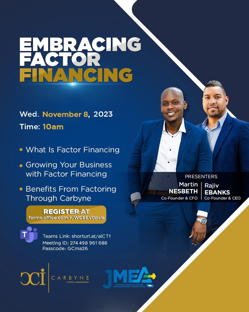 CarbyneCapital's tweet photo. 🗓️ Mark your calendars for November 8 at 10:00 am! 🕙📅 Join the Carbyne Team for an insightful discussion on Factor Finance that can take your business to the next level. 💼🚀 Don't miss out on this opportunity to pre-register and unlock a world of endless possibilities! https://t.co/v1SAX9a1g8
