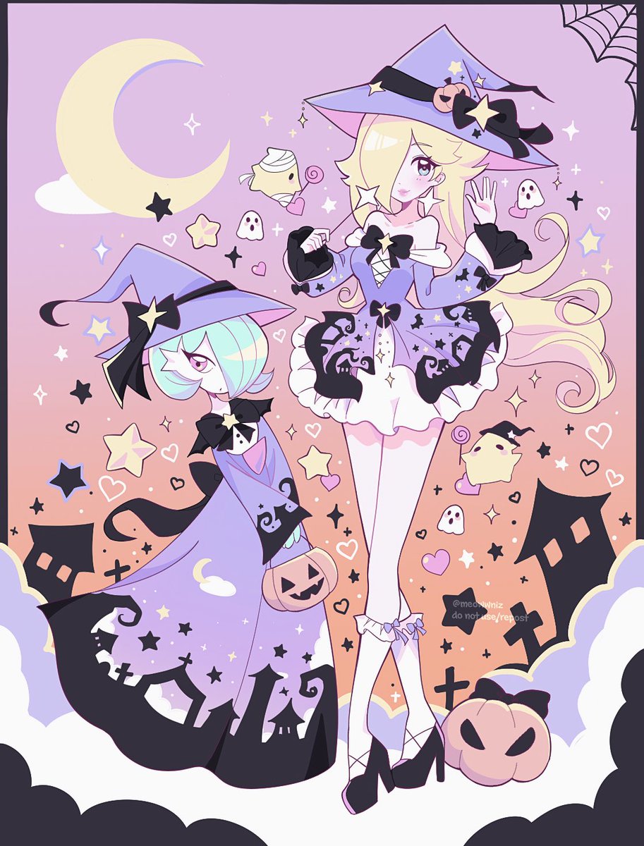 gardevoir witch hat hat multiple girls hair over one eye 2girls dress blonde hair  illustration images