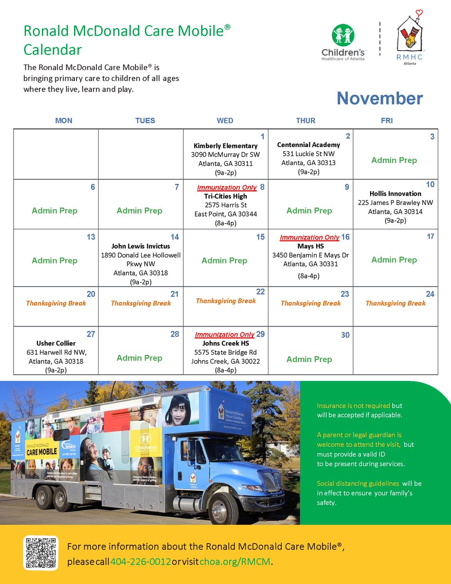 Does your student need health services like asthma care, sports physicals, immunizations, or hearing & vision screenings? 📅 Scan the QR code on the November 2023 Ronald McDonald Care Mobile calendar to register them for services!🚐 #StudentHealth @apsupdate @CAMontgomeryEDU