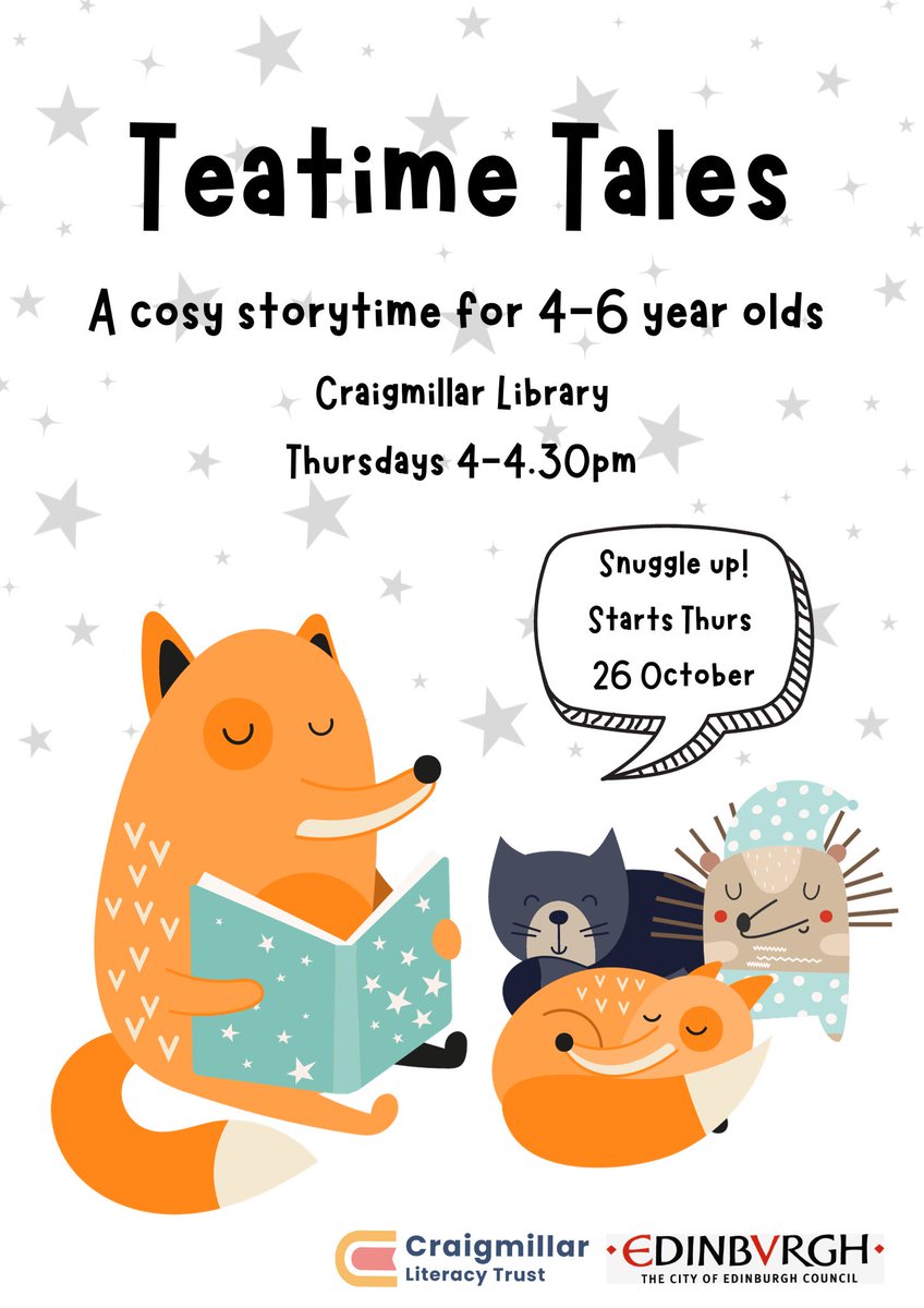 CraigmillarSFS's tweet photo. Join Lynne at #CraigmillarLibrary this afternoon at 4pm for our third #TeatimeTales. Perfect for 4-6 year olds and their grown ups, siblings and teddies! #Storytime #CoorieIn 📚🧸☕️ https://t.co/Le6Zv1iIjP
