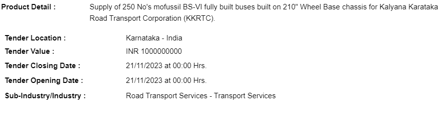 BellaryNamma's tweet image. Tender:
Supply of 250 No&apos;s mofussil BS-VI fully built buses built on 210&quot; Wheel Base chassis for Kalyana Karataka Road Transport Corporation (#KKRTC).
Cost: Rs 100 Cr.

@Davangeretimes @ram_bhaktha @IndexKarnataka