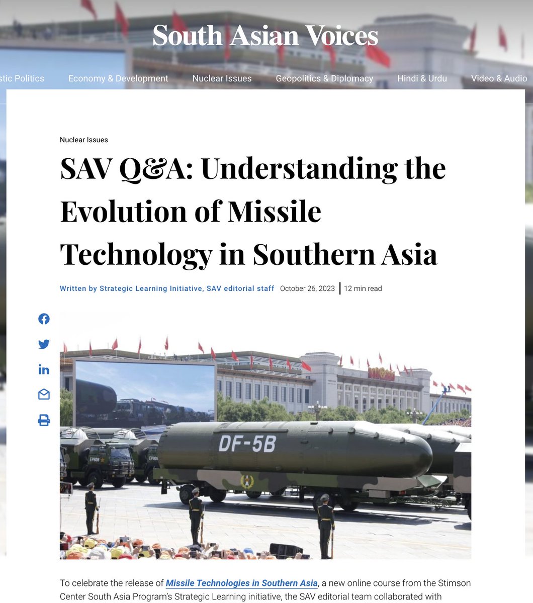 Very happy to be featured in the this @StimsonCenter @SAVoices Q&A on 'Understanding the Evolution of Missile Technology in Southern Asia' alongside @ManpreetSethi01, @DavidCLogan, and @BPervaiz! southasianvoices.org/sav-qa-underst…