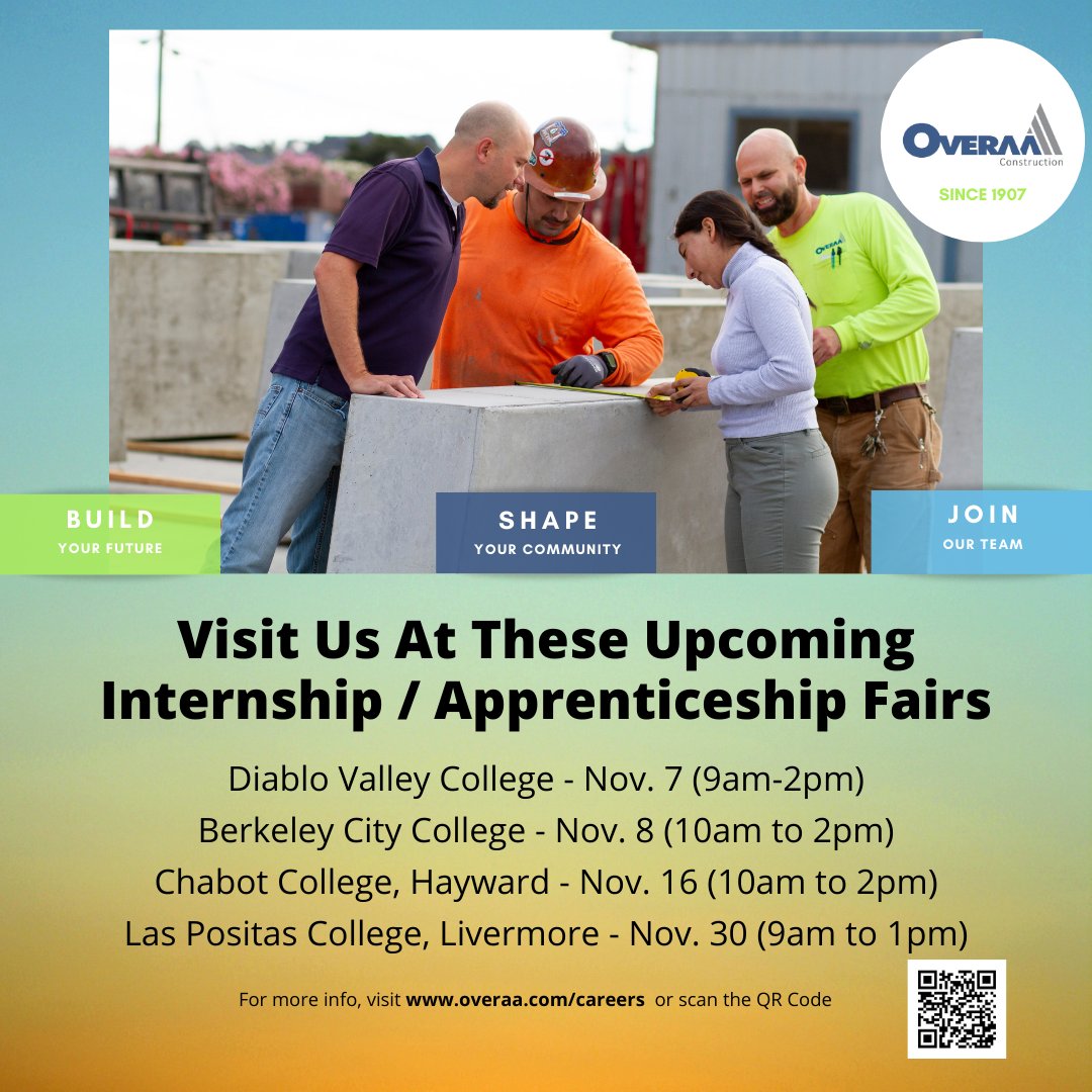 OveraaConstruct's tweet image. Ready to BUILD your career? Join us at the upcoming internship / apprenticeship fairs at @DVC_updates, @berkeleycc, @chabot_college and @LPCOfficial and learn about career paths available to you at Overaa Construction.

@lifeatccc @PeraltaColleges @CoCoSchools  

#overaa #career