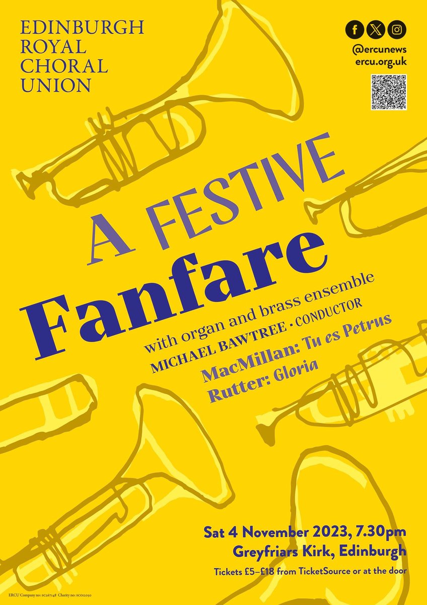 🎺 Festive Fanfare 🎺 SATURDAY 4 November, 7.30pm 🎺🥁🎺 Join us at Greyfriars Kirk for a triumphant evening of music for choir, brass & organ - including the “Gloria” by @johnmrutter, “Tu es Petrus” by @jamesmacm and works by Bruckner & Vaughan Williams ercu.org.uk/concerts.html