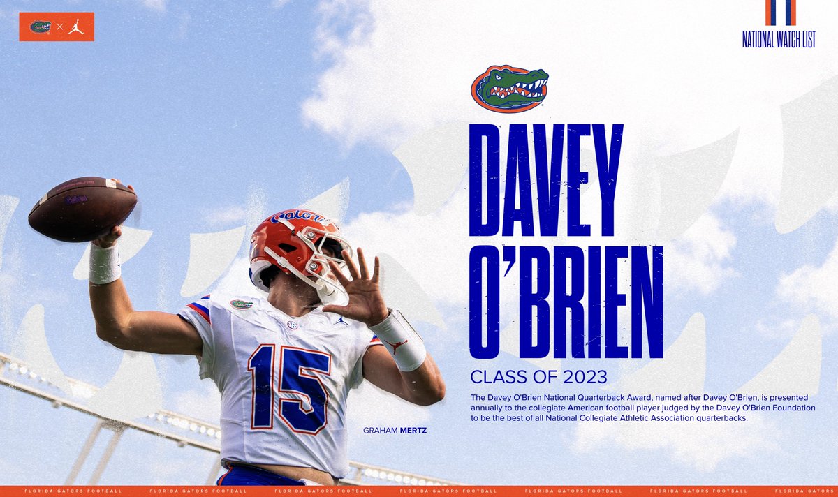 Florida Gators Football (@gatorsfb) on Twitter photo Congrats to <a href="/GrahamMertz5/">Graham Mertz</a> on being named to the Davey O’Brien Class of 2023!
#GoGators | #jOURney Congrats to <a href="/GrahamMertz5/">Graham Mertz</a> on being named to the Davey O’Brien Class of 2023!
#GoGators | #jOURney