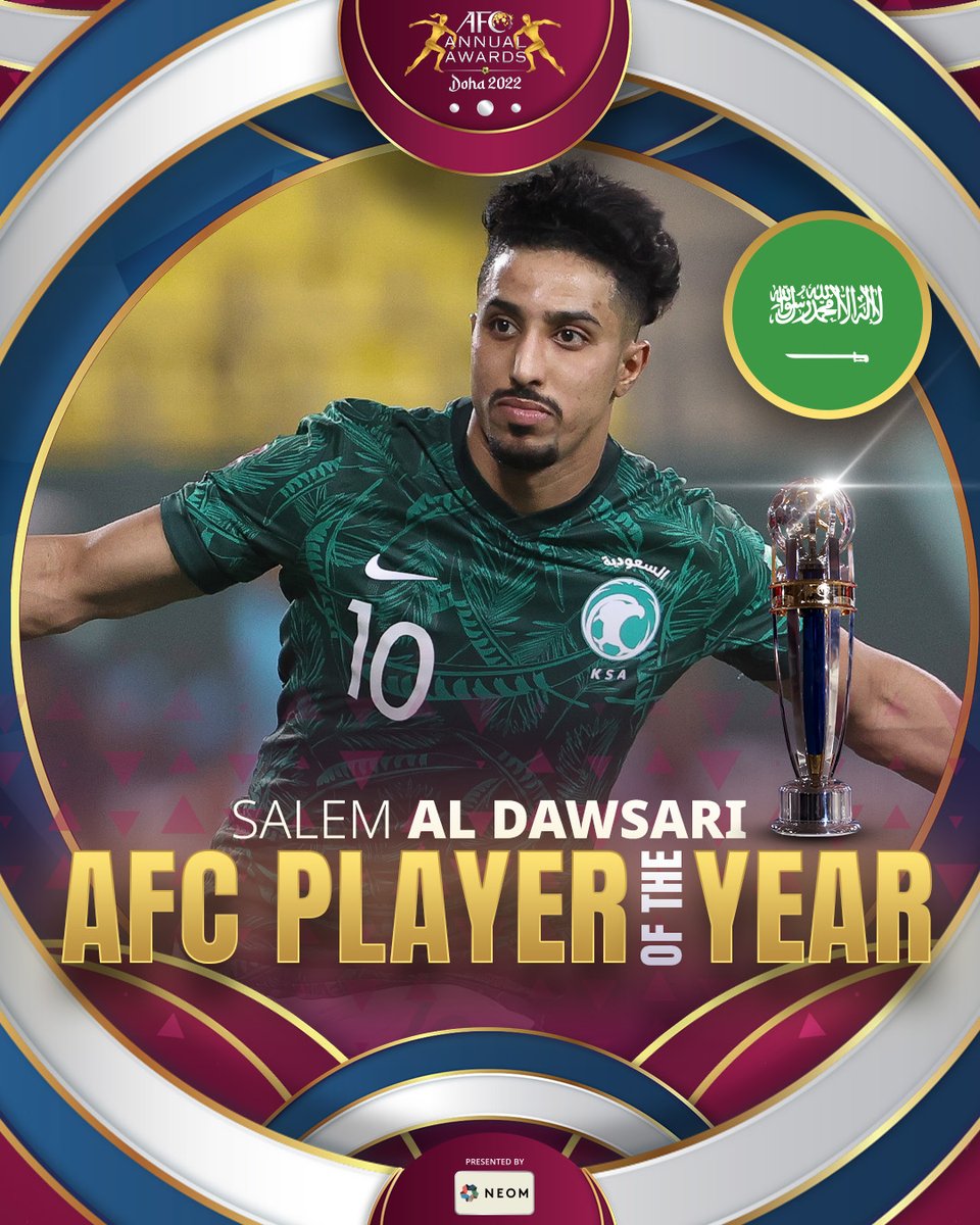 theafcdotcom's tweet photo. Salem Al Dawsari is crowned the 2022 AFC Player of the Year! 

The 🇸🇦 Saudi Arabia and Al Hilal midfielder marks memorable #ACL2022 and #FIFAWorldCup campaigns!

#AFCAwards2022 https://t.co/alBl52VDCZ