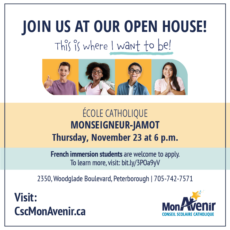 *Invitation pour les parents d’élèves de 6e année*
L'École catholique Monseigneur-Jamot organise une soirée portes ouvertes pour ses futurs élèves jeudi 23 novembre de 18 h à 19 h 30.
En savoir plus : cscmonavenir.ca/portes-ouverte… 
#portesouvertessecondaire