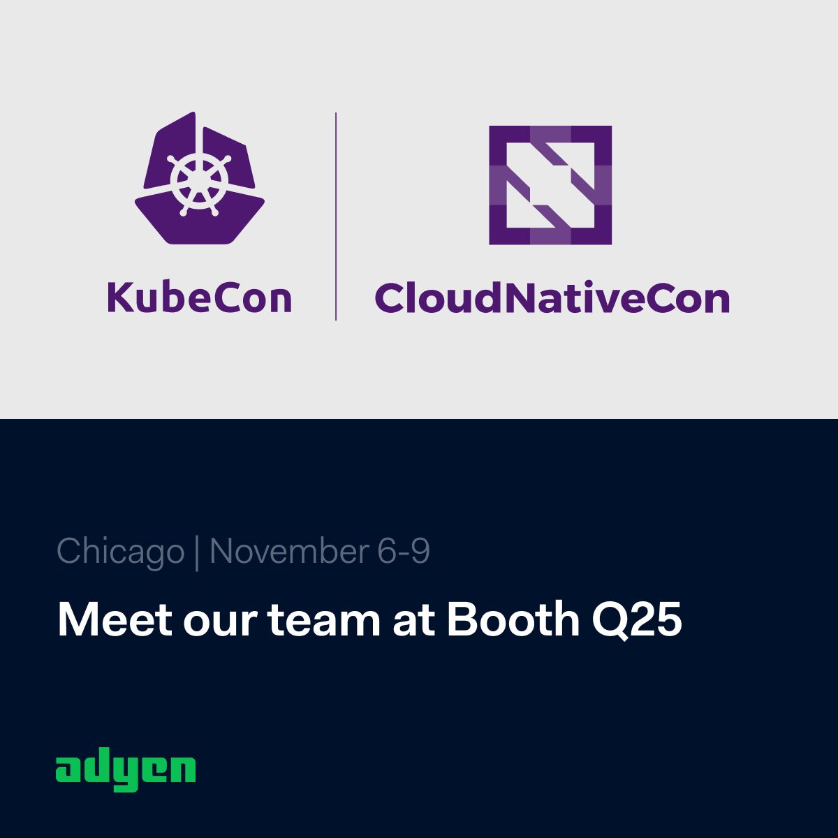 Adyen is a proud silver sponsor for the <a href="/CloudNativeFdn/">CNCF</a>'s annual #KubeCon event. 

We are officially a week away! If you're attending, come meet members from our global platform engineering team Tuesday through Thursday at booth Q25.

#Kubernetes #CNCF
