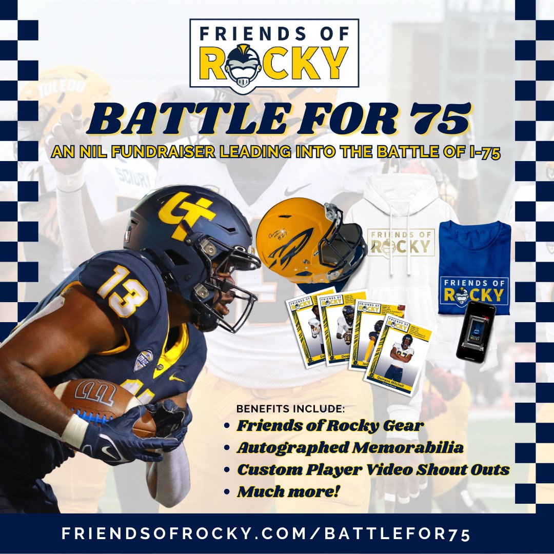 ROCKET NATION, WE NEED YOUR HELP! Help us reach our goal of $75K by the Battle of I-75 to support Rocket student-athletes & impact-driven NIL opportunities in the Toledo community. LET’S DO THIS🚀 Go to friendsofrocky.com/battlefor75 to contribute today! #FriendsofRocky #Battlefor75