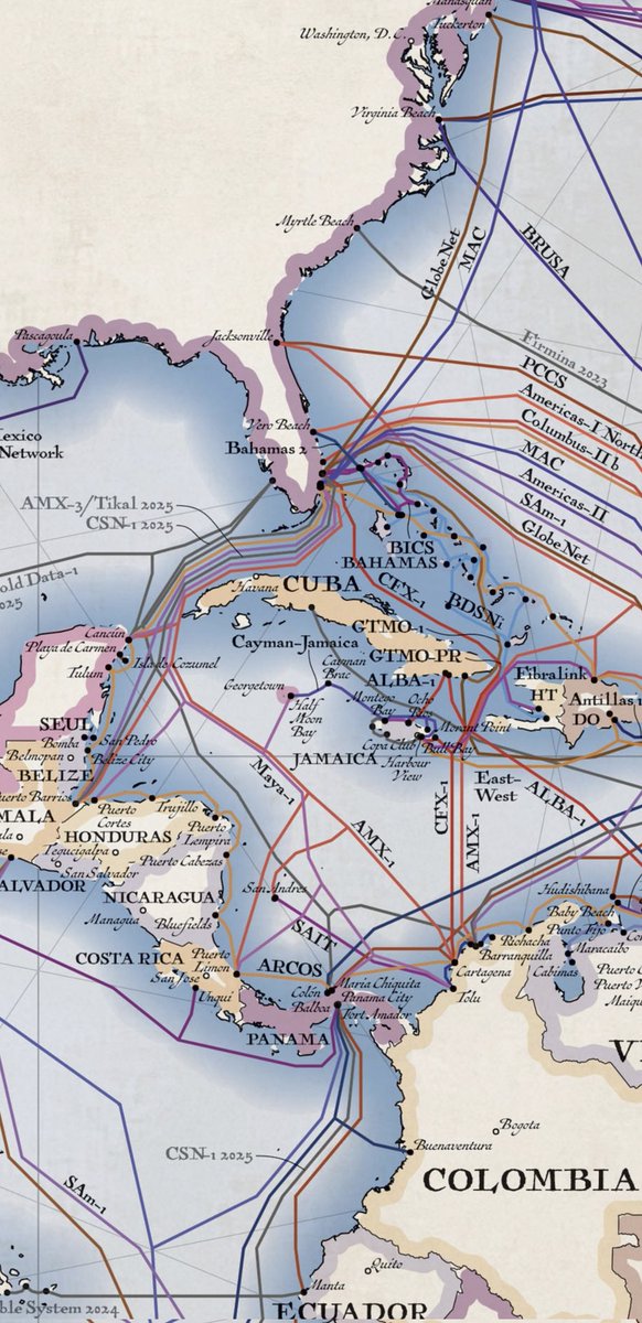 No basta uno, dos o más cables submarinos internacionales para alcanzar #Internet; entre otros, se requiere llegar a los principales puntos de intercambio de información (los más importantes en norteamérica). #Cuba está limitada por EEUU para conectarse cercanamente a estos 🧵👇