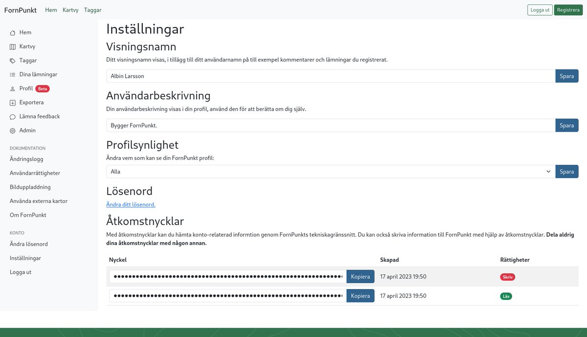 Under "Inställningar" på FornPunkt kan man nu lägga till en rad om sig själv som sedan visas i ens profil.