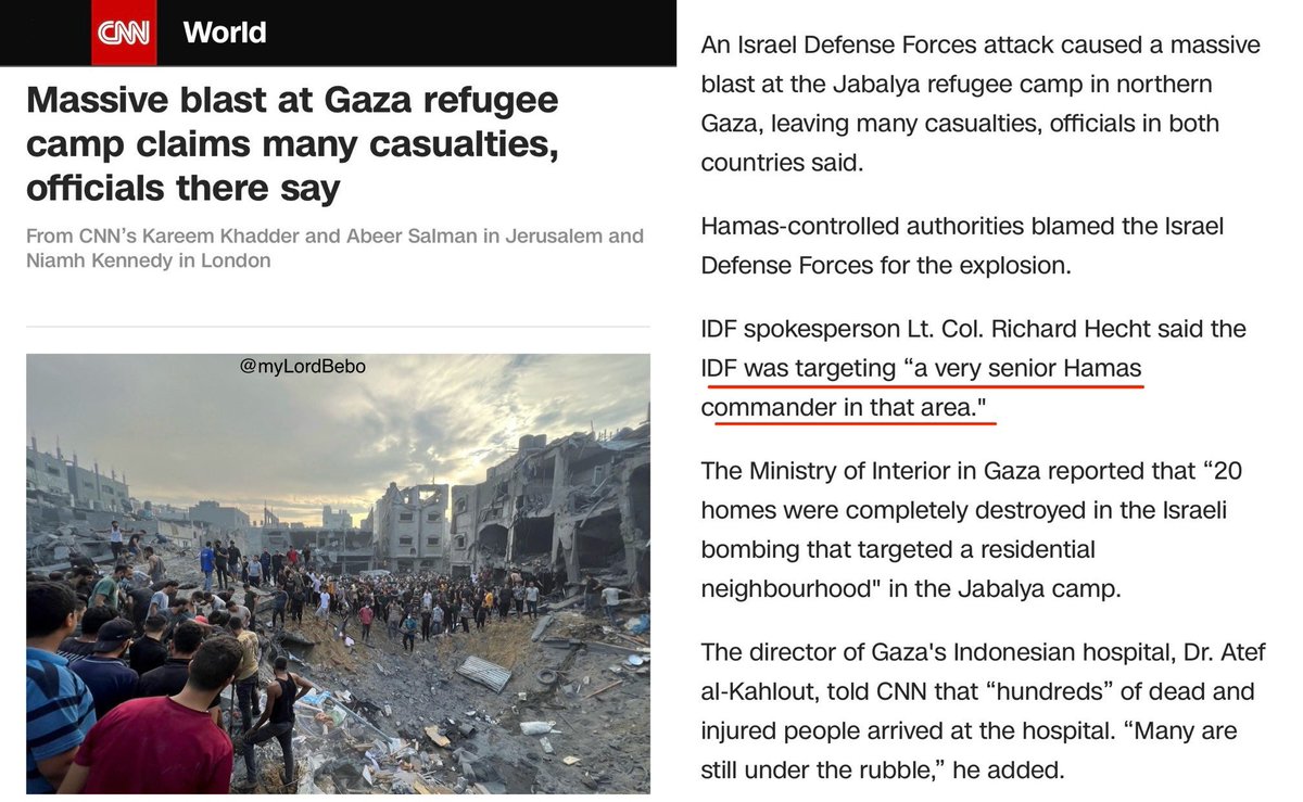 MyLordBebo's tweet photo. 🇵🇸🇮🇱🚨‼️ BREAKING: IDF says they bombed Jabalya, the largest refugee camp in Gaza, because there was a senior Hamas leader.

They can’t even confirm that they killed him. They just dropped 6 tons of explosives on a refugee camp.

Come on man … https://t.co/vpHTMijo1Y