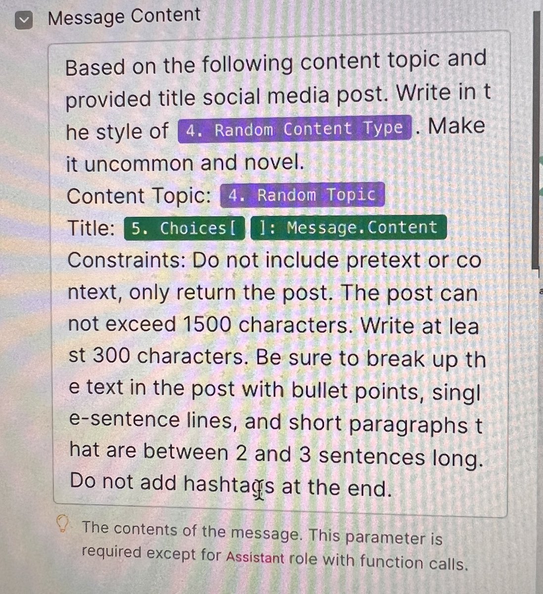 cmortensen's tweet photo. @jodie_cook I run this everyday in Make (which is connected to ChatGPT) to generate 10 posts a day for me on 4 business and mindset growth topics that I can decide to edit (or not):

“You are a content strategist…”
The rest is in the photo because it’s too long for Twitter https://t.co/uUH2Nprkga