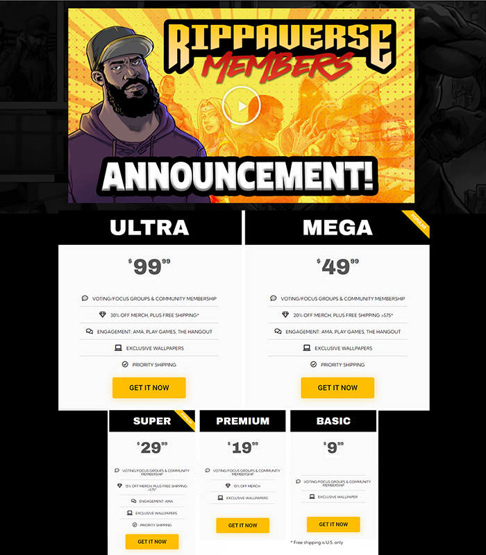 RippaverseComic's tweet photo. Eric July has announced Rippaverse Memberships, a monthly subscription that gives fans early access to Rippaverse crowdfunding campaigns.

For just $99/mo, fans also get access to 30% off merchandise (but not the actual comics).

Here are some reactions: https://t.co/Q7gKoyXv2r