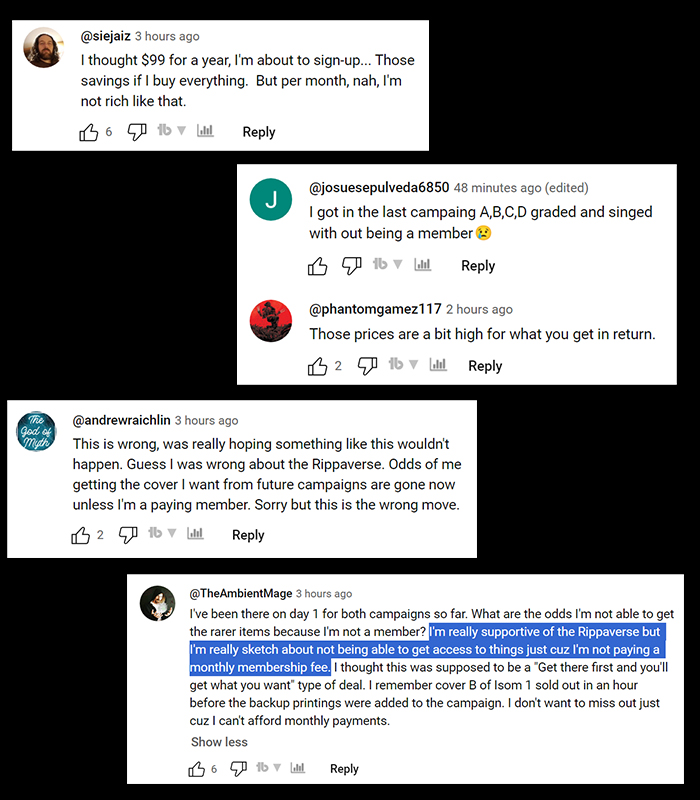 RippaverseComic's tweet photo. Eric July has announced Rippaverse Memberships, a monthly subscription that gives fans early access to Rippaverse crowdfunding campaigns.

For just $99/mo, fans also get access to 30% off merchandise (but not the actual comics).

Here are some reactions: https://t.co/Q7gKoyXv2r