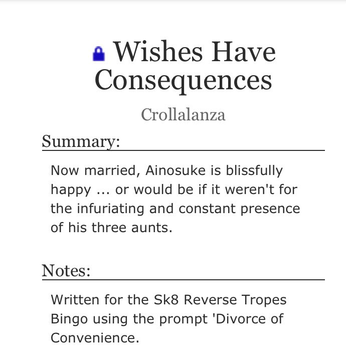 SaekoKiller's tweet photo. And the last one! 

Wishes Have Consequences 

https://t.co/YRIXvVIEKC 

Ainosuke/Tadashi 
Rated T. 
1.6k 

Written for @Sk8Bingo 
Using the reverse trope ‘Divorce of Convenience’ 

And that’s BINGO! https://t.co/IvJ6izGErt