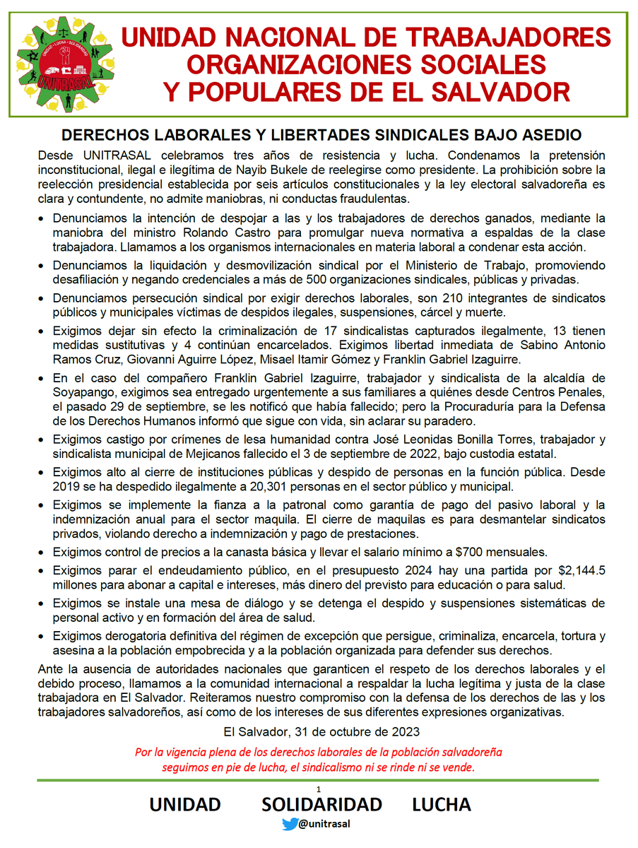 jupatraes's tweet photo. #ElSalvador desde #UNITRASAL celebramos nuestro 3er aniversario. Surgimos el 31/Oct/20 ante el silencio de la mayoría de organizaciones sindicales. Seguimos en la lucha honrando el legado de nuestros compañeros masacrados el 31 de octubre de 1989.���¡Somos Resistencia y Rebeldía! https://t.co/s4l1AezdOd