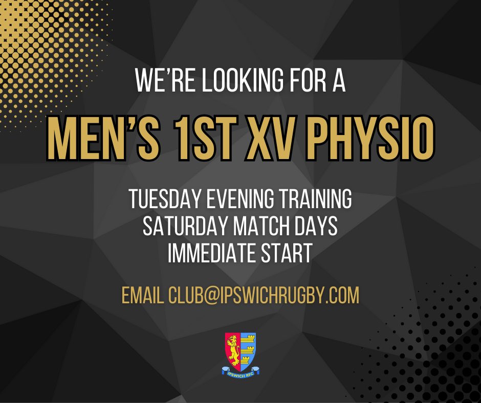 We’re looking for a part-time physio to support our Men’s 1st team at training and matches.

If interested, please email club@ipswichrugby.com with brief details of your experience/qualifications.

More info: ipswichrugby.com/news/seeking-p…

#ipswichjobs #suffolkjobs #rugbyjobs
