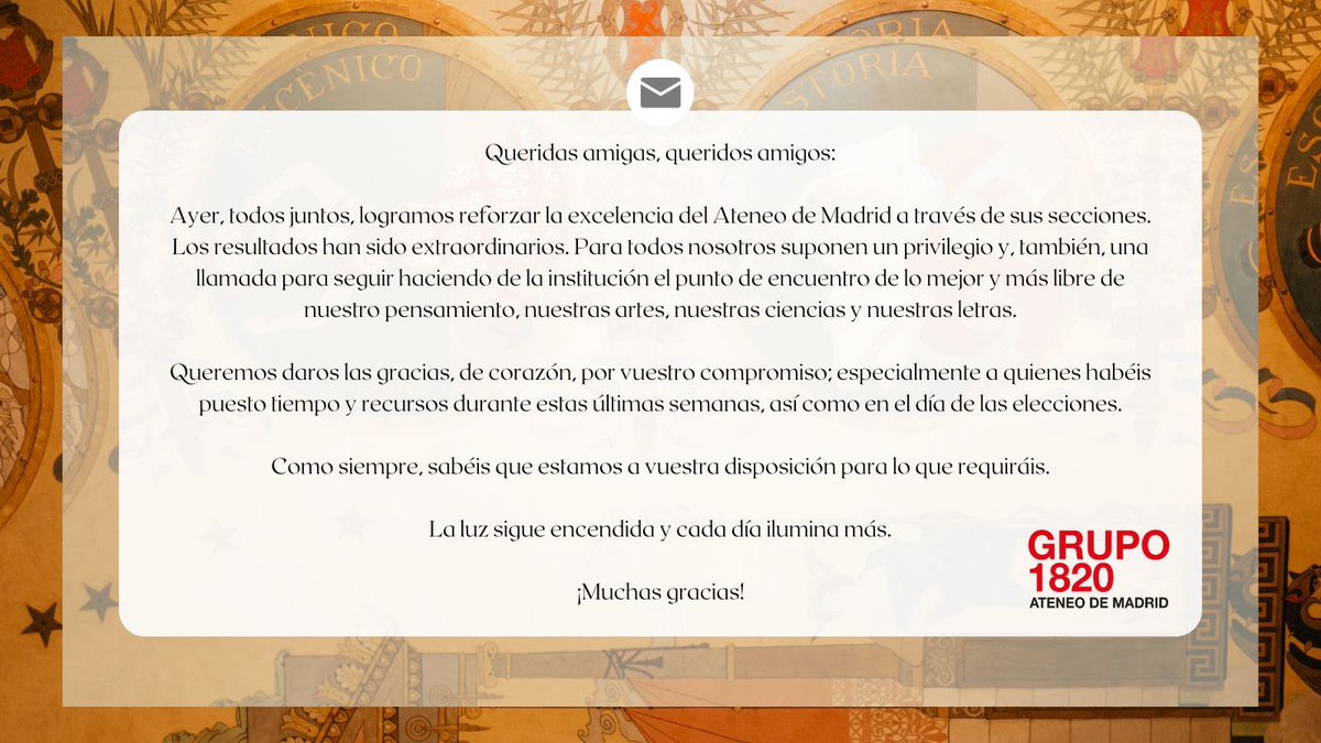 Mil gracias, de corazón, a todos los consocios y consocias que votasteis ayer al Grupo 1820 en las #EleccionesSecciones del Ateneo de Madrid. La luz llegó para quedarse… y seguir iluminando cada vez más. ¡Seguimos! ✨🗳️