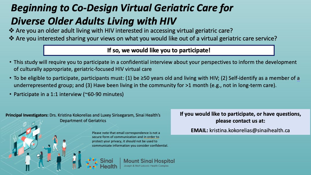 Our team (co-lead by @Luxalux) is looking to interview adults living with HIV to help inform a virtual geriatric model of care. Funded by <a href="/AGEWELL_NCE/">AGE-WELL</a>. Please share widely !