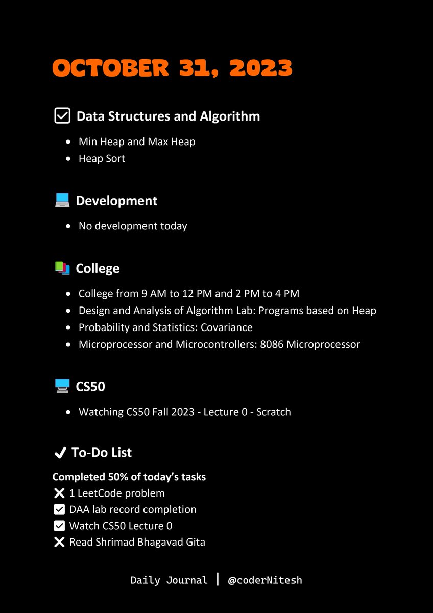 coderNitesh's tweet image. Day 88 of #100DaysOfCode 

Productivity Rating: ⭐⭐⭐½

DSA
✅ Min Heap and Max Heap
✅ Heap Sort

CS50
🖥️ Watching CS50 Fall 2023 - Lecture 0 - Scratch

Daily Journal👇