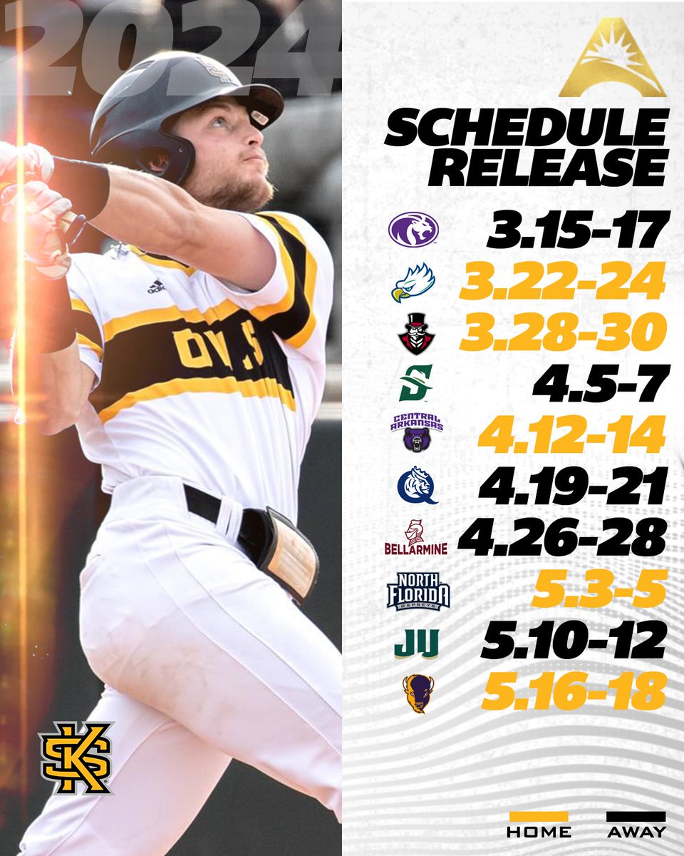 The season is getting closer for <a href="/KSUOwlsBaseball/">Kennesaw State Baseball</a>‼️ 2⃣0⃣2⃣4⃣ conference opponents are set 👀🔽

📰 | asunsports.org/news/2023/10/2…

#ASUNBSB ⚾️ | #HootyHoo 🦉