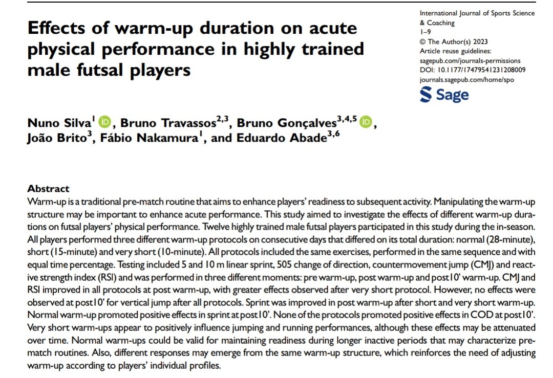 Eduardo Abade (@eduardoabade) on Twitter photo Effects of warm-up duration on acute physical performance in highly trained male futsal players! Congrats <a href="/NunoSilva48/">Nuno Filipe Dias Silva</a> 💪
<a href="/BrunoFTravassos/">Bruno Travassos</a> <a href="/B_V_Goncalves/">Bruno Gonçalves 🇵🇹</a> <a href="/Fabio_sportsci/">Fábio Yuzo Nakamura</a> Effects of warm-up duration on acute physical performance in highly trained male futsal players! Congrats <a href="/NunoSilva48/">Nuno Filipe Dias Silva</a> 💪
<a href="/BrunoFTravassos/">Bruno Travassos</a> <a href="/B_V_Goncalves/">Bruno Gonçalves 🇵🇹</a> <a href="/Fabio_sportsci/">Fábio Yuzo Nakamura</a>