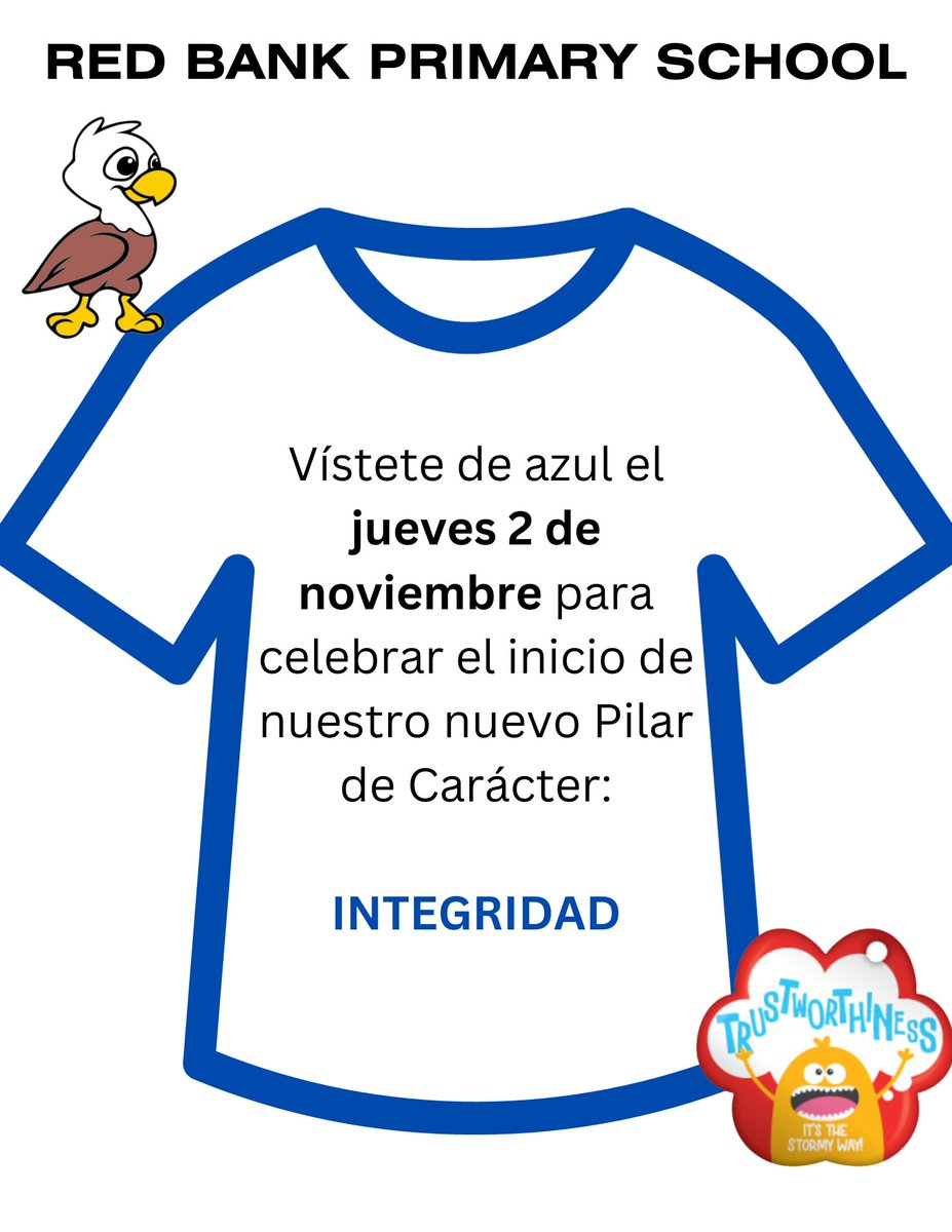 Don't forget! Thurs, 11/2 will be RBPS Pillar Kickoff Spirit Day. Students are invited to wear BLUE to celebrate TRUSTWORTHINESS! #charactercounts #TheStormyWay @Mr_Platis @MrsSiano_RBPS @MsHogan_rbps @ikedanrbps @moranb409 @pmcollins04 @missalyss714 @Vazquez308 @NurseReardon