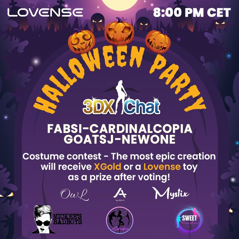 Come out and enjoy the  3dx Chats  2023  Halloween Party. Support your local DJs. FABSI, CARDINALCOPIA, GOATSJ, and NEWONE. Watch the fabulous movies of The Sweet Disaster, and have a great time.