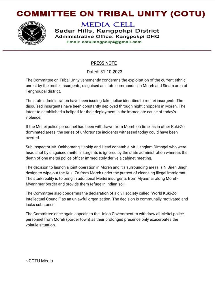 It's regrettable that #COTU has made unfounded accusations against the State Police force, which operates under the guidance of the State Security Advisor and the DGP. 
It's suggested that this organization should be prohibited and labeled as an outlawed group associated with