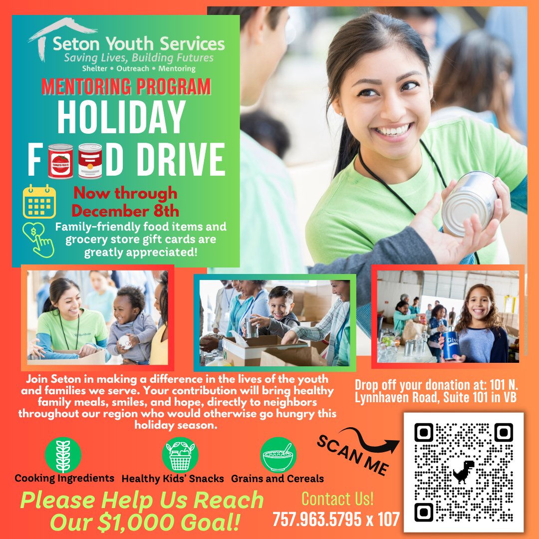 Hello everyone, In addition to the free services we provide for children and teens, Seton also works to help the families of these youth year-round in any way we can. Please consider donating to our Holiday Food Drive, now through December 8th. Thank you! --Jennifer Sieracki, CEO