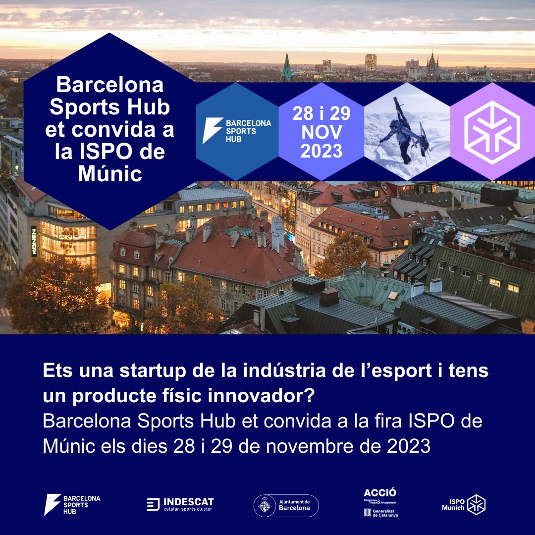 ⚡️#Startups esportives! @bcnsporthub us convida a l’#ISPO de Múnic!

🚀 Teniu un producte físic i innovador? Expliqueu-nos la vostra idea.

✈️ Vol i entrada per l'<a href="/ispo/">ISPO</a> coberts per nosaltres 🎟️
🗓 28 &amp; 29 de novembre | 📍 Múnic
👤 Un participant per empresa
⚠️ Teniu fins al 7 de