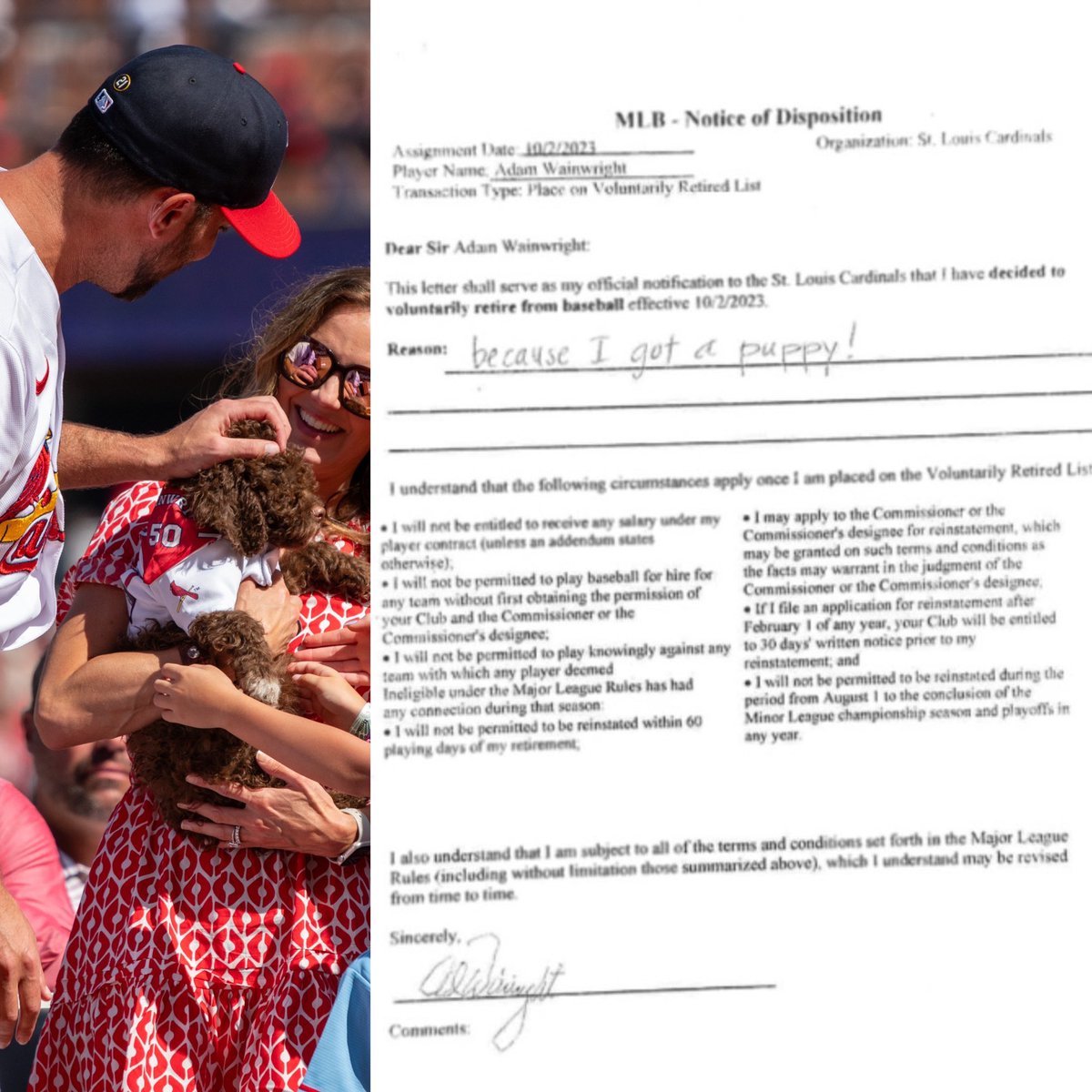 Adam Wainwright posted his official retirement paperwork and what he wrote for his reason is perfect 😂