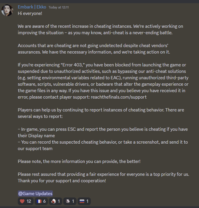 FPSGuidesYT's tweet photo. Embark released a statement on the cheating problem in The Finals

Have you come across any cheaters this beta?! 🤖

#THEFINALS #TheFinals https://t.co/6N3JaoSmy1