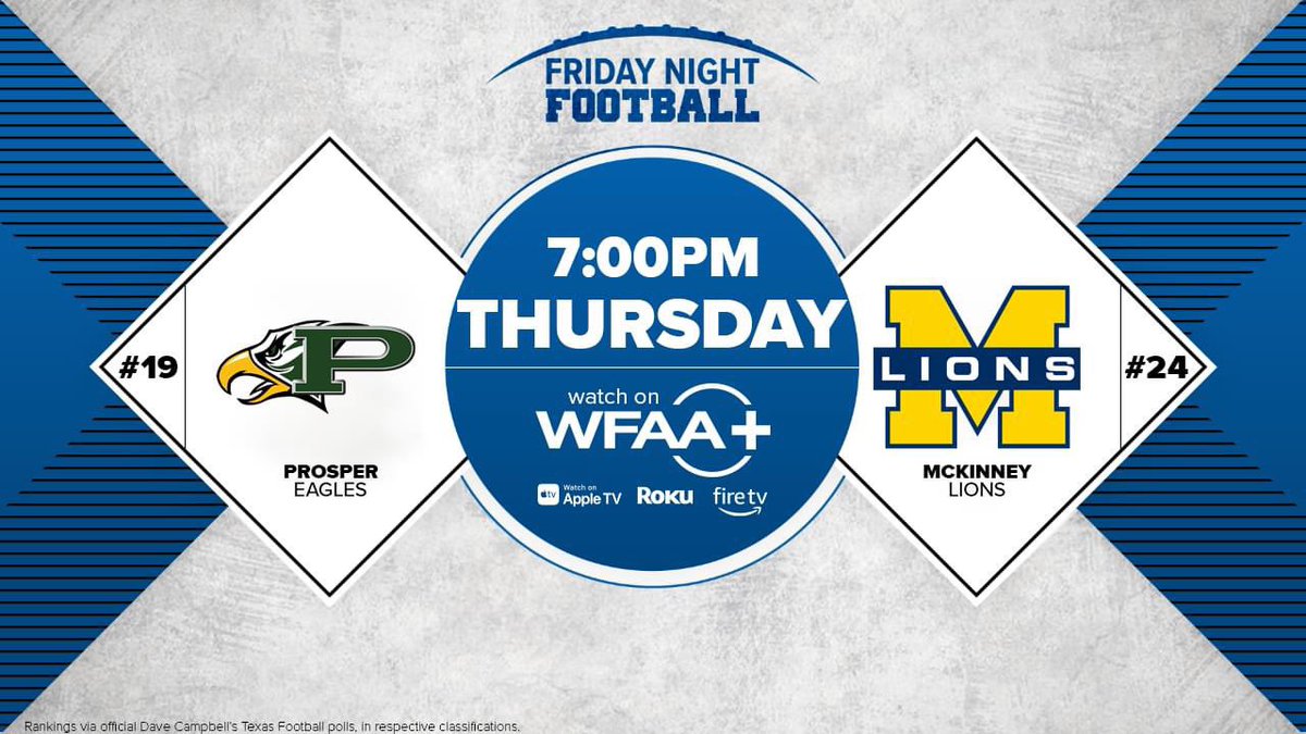 Mike Leslie (@mikelesliewfaa) on Twitter photo This week on 𝑭𝑹𝑰𝑫𝑨𝒀 𝑵𝑰𝑮𝑯𝑻 𝑭𝑶𝑶𝑻𝑩𝑨𝑳𝑳
The District 5-6A Championship Game
#19 <a href="/ProsperEaglesFB/">Prosper Eagles FB</a> vs. #24 <a href="/McKinneyLionsFB/">McKinney LionsFB</a>
*note* —> THURSDAY, 7pm
WFAA+
Join me & <a href="/hekma_harrison/">Hek’ma Harrison</a> on the call
<a href="/McKISDAth/">McKinneyISD Ath Dept</a> <a href="/ProsperISD/">Prosper ISD</a> <a href="/mckinneyisd/">McKinney ISD</a> <a href="/PISD_Athletics/">ProsperISDAthletics</a> #txhsfb <a href="/wfaa/">WFAA</a> This week on 𝑭𝑹𝑰𝑫𝑨𝒀 𝑵𝑰𝑮𝑯𝑻 𝑭𝑶𝑶𝑻𝑩𝑨𝑳𝑳
The District 5-6A Championship Game
#19 <a href="/ProsperEaglesFB/">Prosper Eagles FB</a> vs. #24 <a href="/McKinneyLionsFB/">McKinney LionsFB</a>
*note* —> THURSDAY, 7pm
WFAA+
Join me & <a href="/hekma_harrison/">Hek’ma Harrison</a> on the call
<a href="/McKISDAth/">McKinneyISD Ath Dept</a> <a href="/ProsperISD/">Prosper ISD</a> <a href="/mckinneyisd/">McKinney ISD</a> <a href="/PISD_Athletics/">ProsperISDAthletics</a> #txhsfb <a href="/wfaa/">WFAA</a>